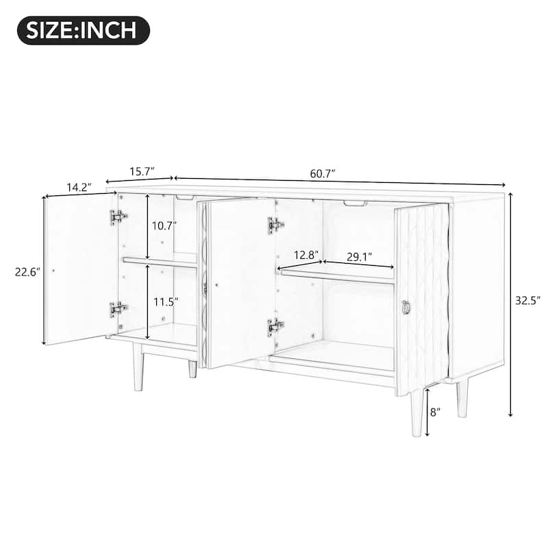Buffet Cabinet with 4 Convex Pattern Doors, Storage Cabinet with 2 Silver Handle, Sideboard Cabinet with Adjustable Shelves