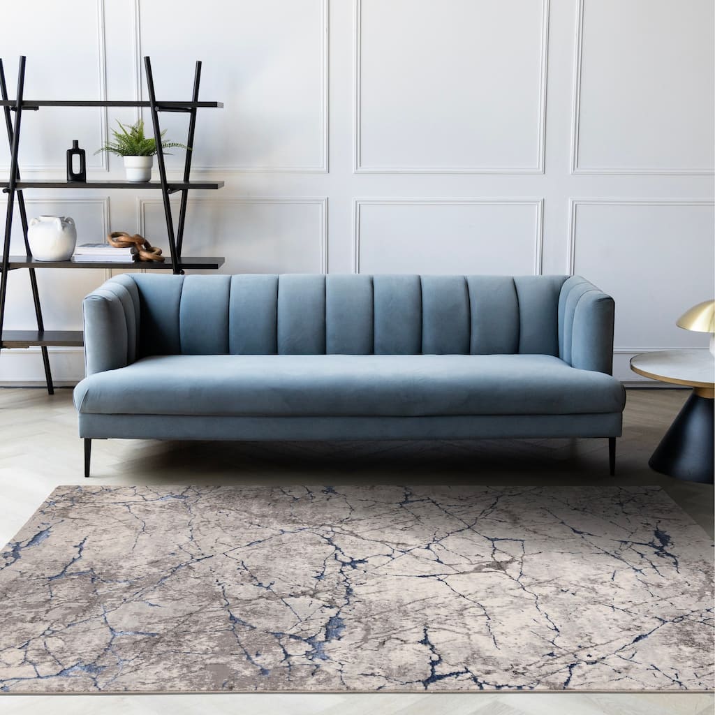 Blue Grey White Cracked Design Soft Polyester Rug