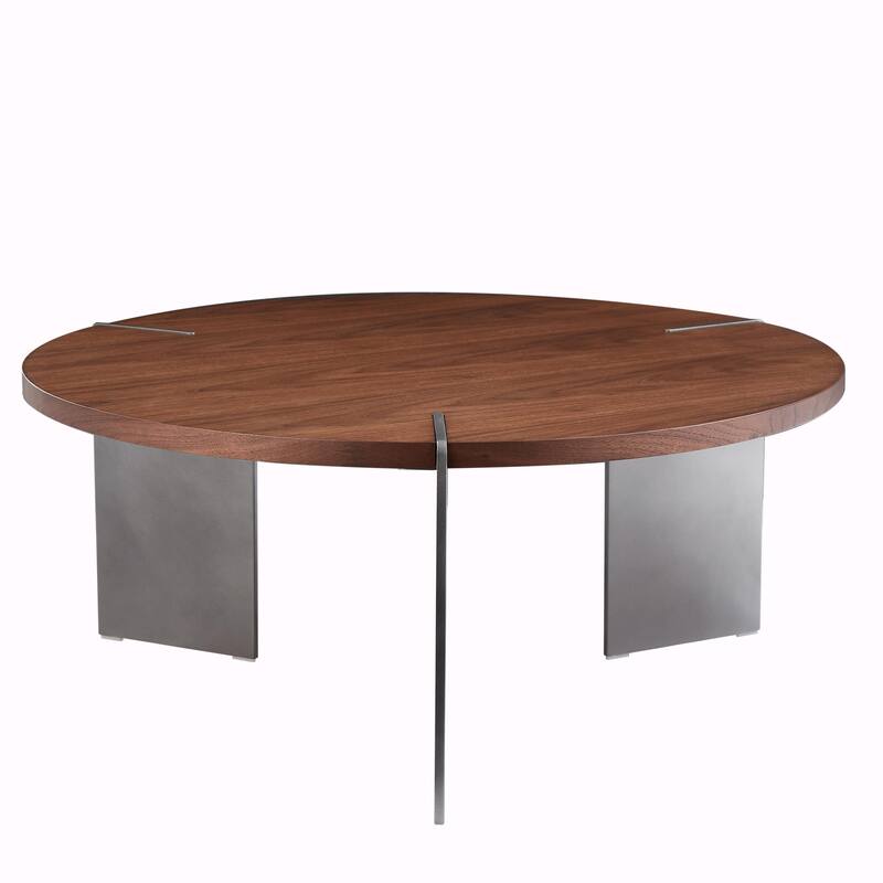 Round Coffee Table with Wood Surface and Black Metal Feet
