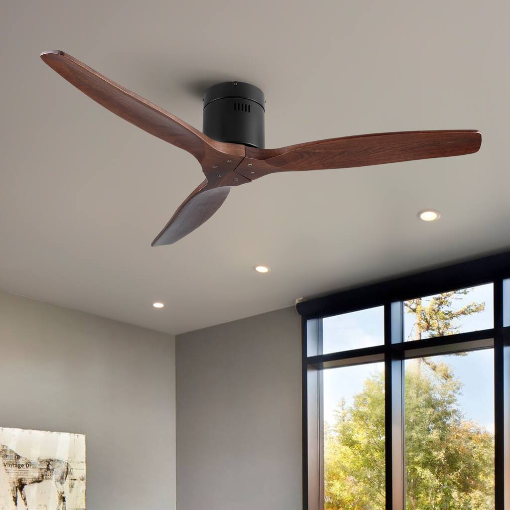 52" Farmhouse Rustic Ceiling Fan without Light - Matte Black with Solid Wood Blade