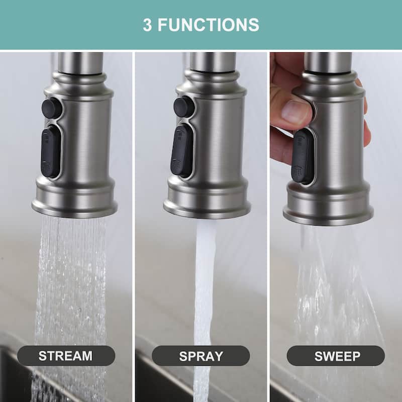 WOWOW Double Handle Bridge Kitchen Faucet with Advanced Spray