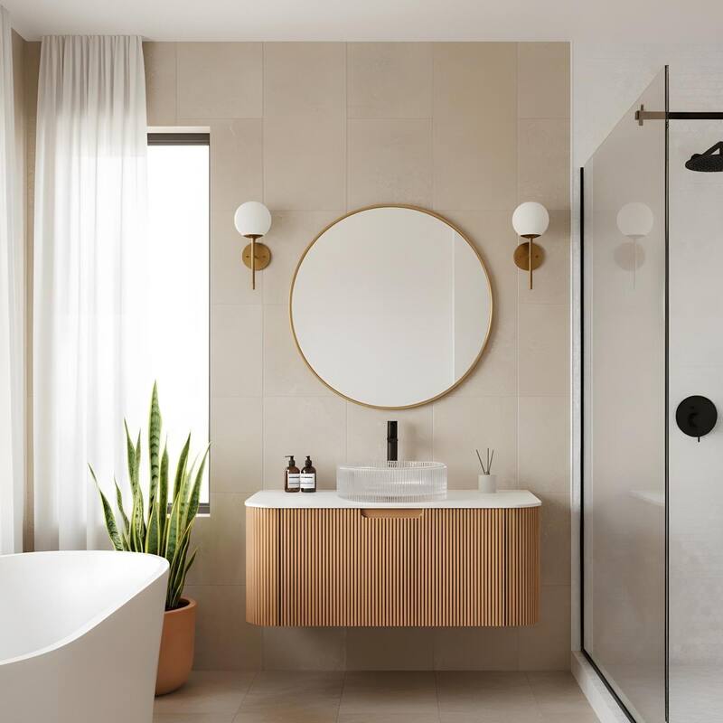 Floating Bathroom Vanity with Transparent Round Glass Basin - 36 - Natural Wood