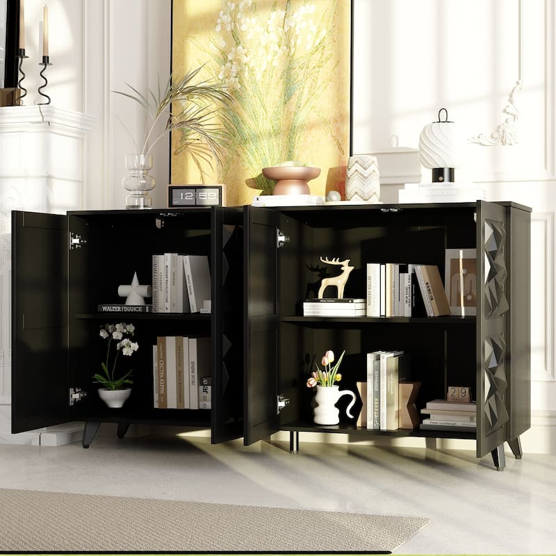Geometric 4-Door Sideboard Buffet Cabinet with Adjustable Shelves, White Finish