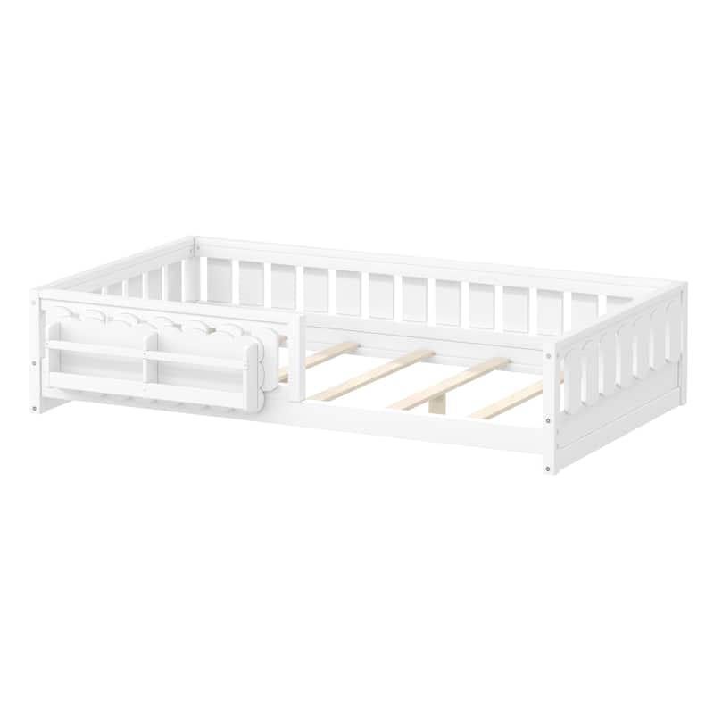 Kid Wood Platform Storage Bed Montessori Toddler Floor Bed Children Daybed with Guardrail and Side Creativity Storage Shelves