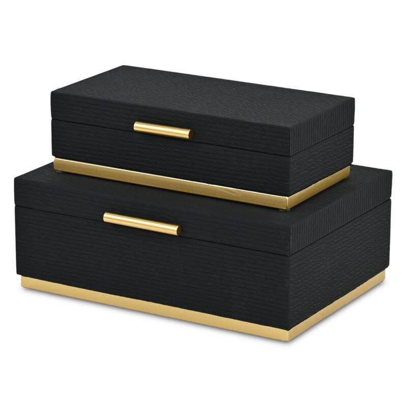 Eira Set of 2 Rectangular Decorative Storage Boxes - Retro Stripe Pattern with Gold Hardware