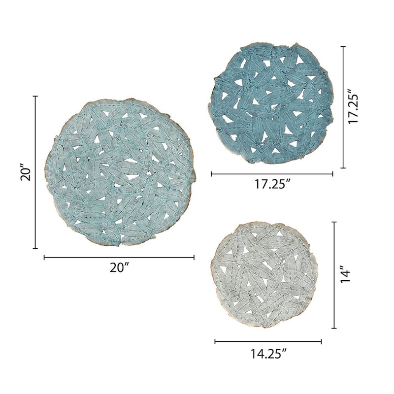 Roomfitters Textured Feather 3-Piece Metal Disc Wall Decor Set, Modern Round 20-Inch Dimensional verdigris Wall Art, Blue