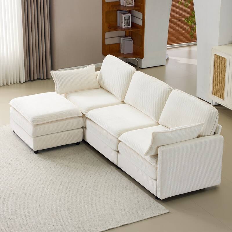 104" Modular 3 Seater Sofa with Ottoman,Beige Chenille Cushions and 2 Throw Pillows