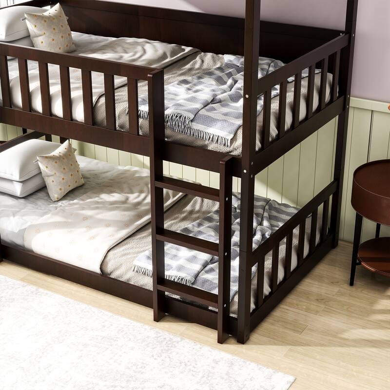 Twin Size Triple Rubber Wood Bunk Bed, with Ladders, Guardrails Detachable Bunk Bed, Twin over Twin over Twin,Espresso