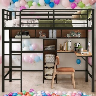 Modern Full Size Loft Bed With L -shaped Desk And Shelves,Metal&Wood for Bedroom