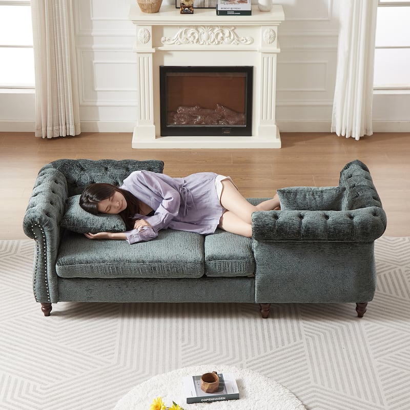 81" Button Tufted Sleeper Sofa Bed with Nailhead and Pillows - Green