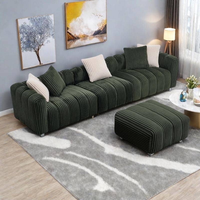 114.17" Corduroy 3-Seater Sofa with Ottoman, Solid Wood Frame and High-Density Foam Cushions - Green