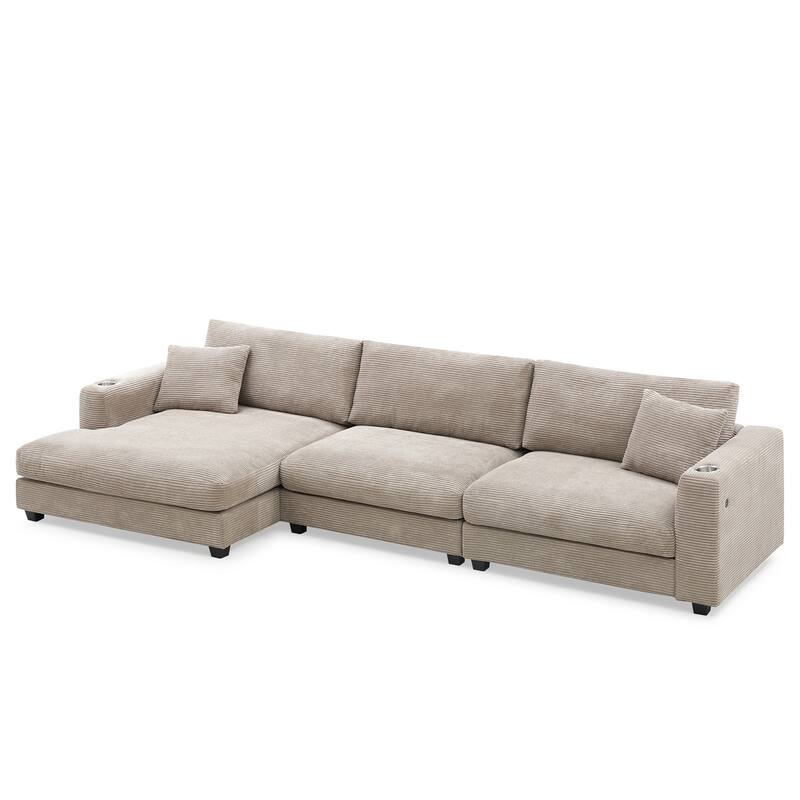 Spacious 4-Seater Corduroy Cloud Couch with Chaise, USB Charging Ports, and Cup Holders