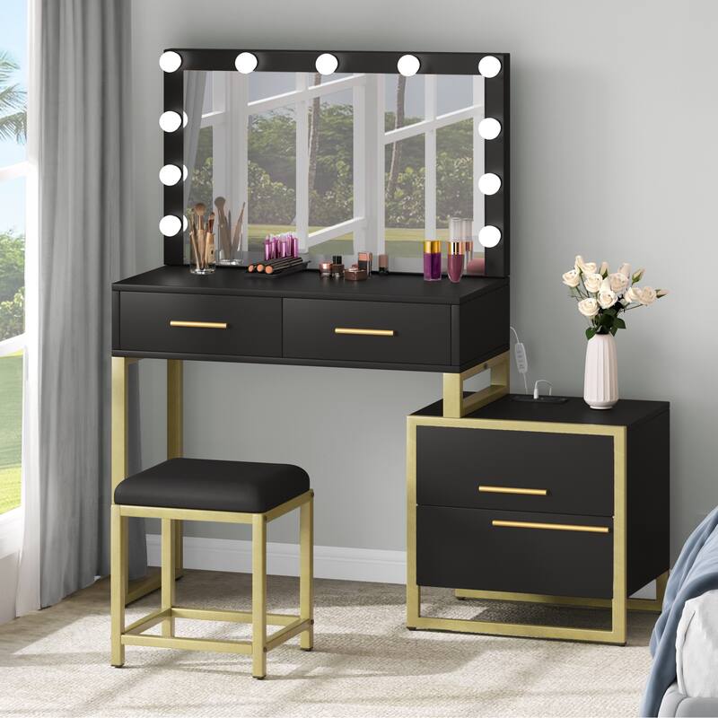 Makeup Vanity With Usb Power Outlet And Adjustable Brightness Light - 57.3'' H X 31.5'' W X 15.7'' D - Black
