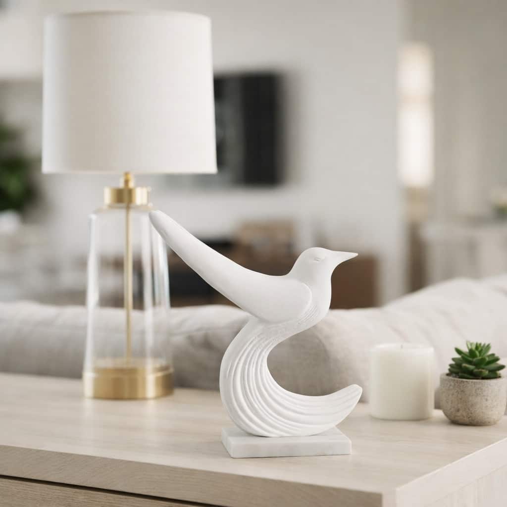 Sculpture - White Marble Decorative Bird with Base, 11 in. - 10.5"