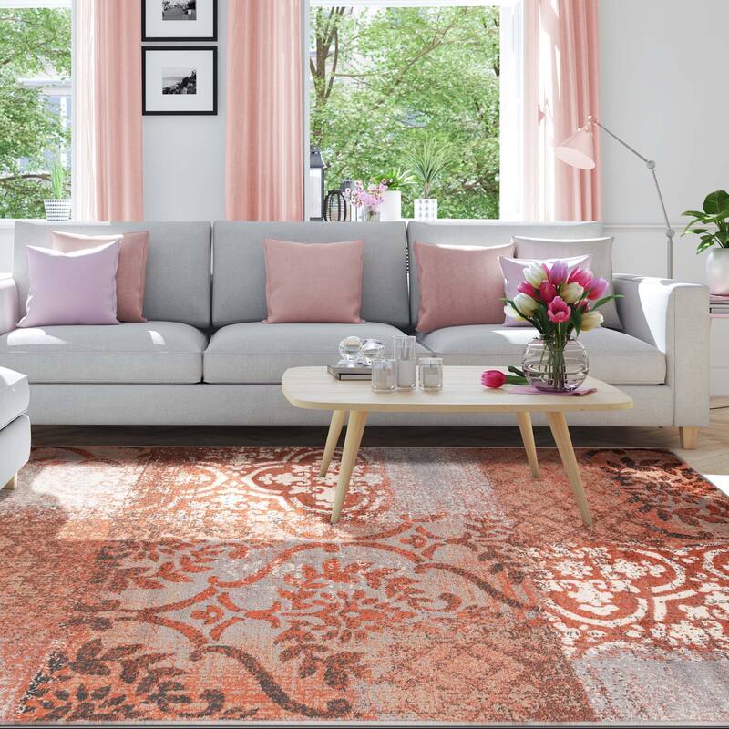 Superior Bristol Distressed Abstract Damask Indoor Runner or Area Rug - 8' x 10' - Rust