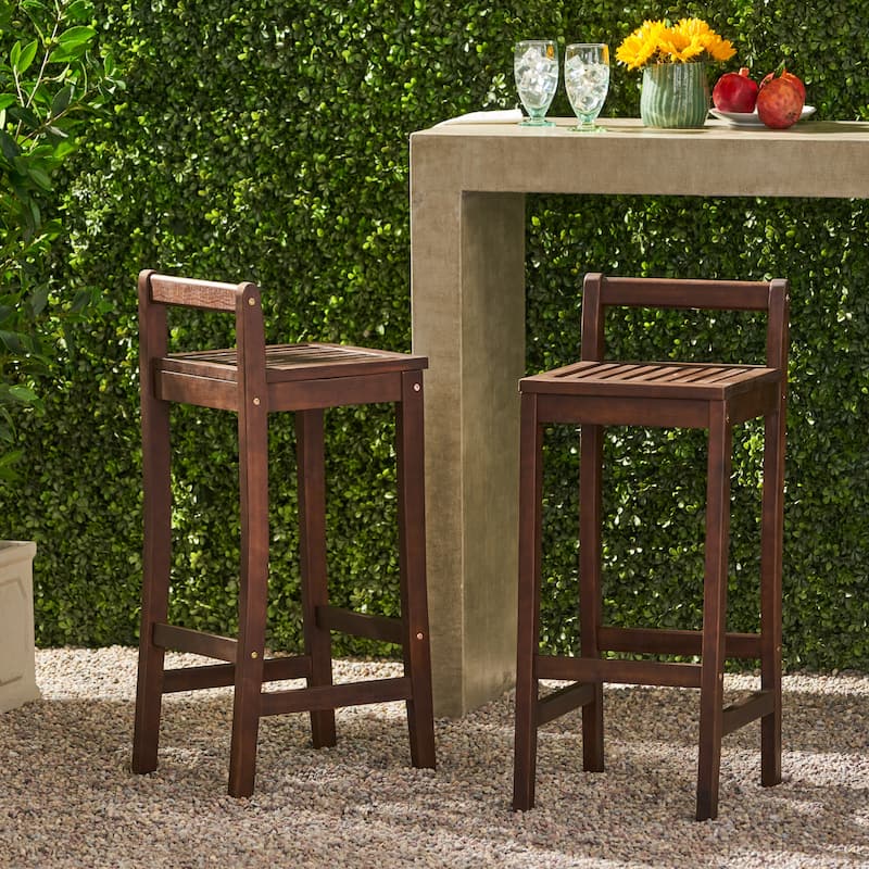 Roomfitters Outdoor Acacia Wood Bar Stools, Rustic Patio High Dining Chairs with Backrest and Footrest, Brown