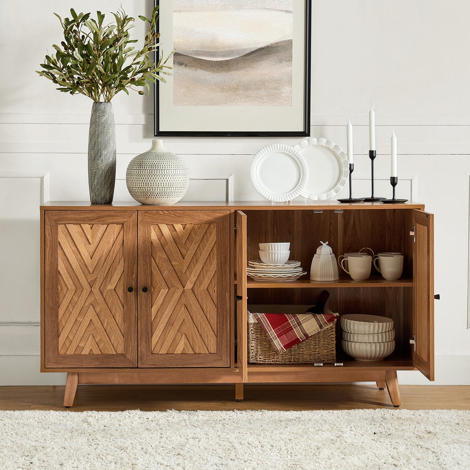 Tobias 57"Wide Mid-century Chevron-patterned Sideboard with Adjustable Shelves by HULALA HOME