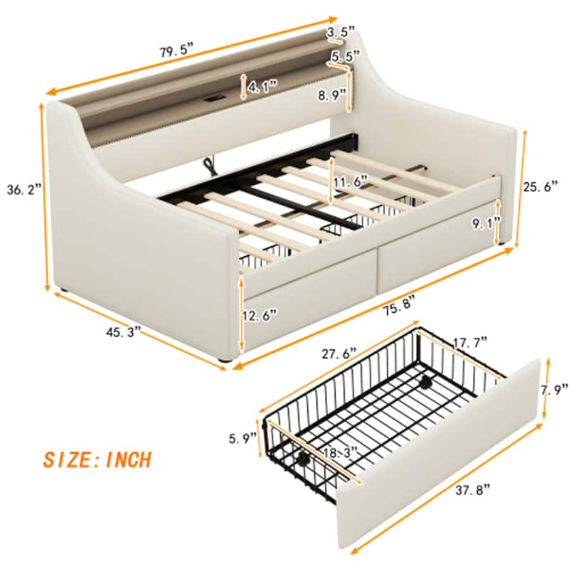 Upholstered Daybed with Storage Drawers, Charging Station and LED Lights