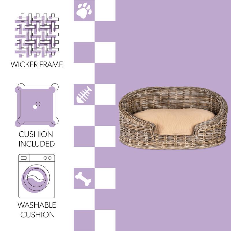 Scallop Tropical Handwoven Rattan Dog Bed with Machine Washable Cushion, Kubu Gray