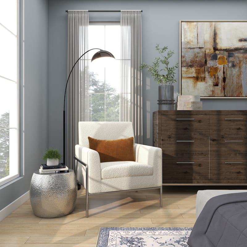Silver Aluminum Metal Drum Shaped Accent Table with Hammered Design