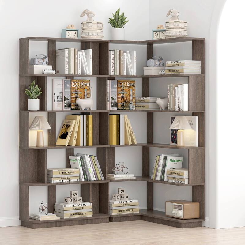 90 Cm Space Saving Corner Bookshelf + 80 Cm Bookcase Extendable Free Combination, Set Of 2 Display Shelf - Dark Oak