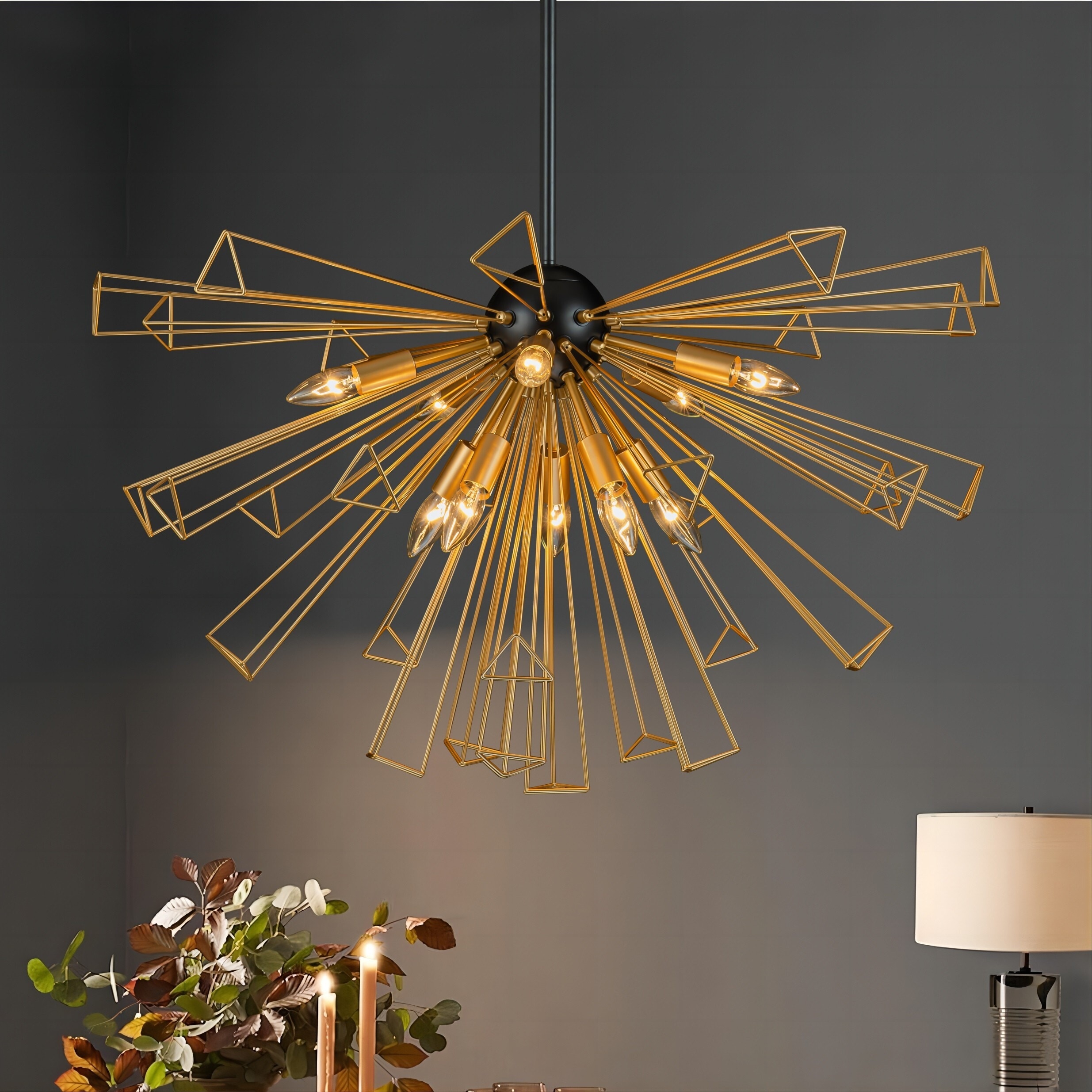 10 Light Modern Large Round Sputnik Starburst Pendant Light Firework Semi sphere Globe Chandelier 34.2 in. W x 19.6 in. H Gold