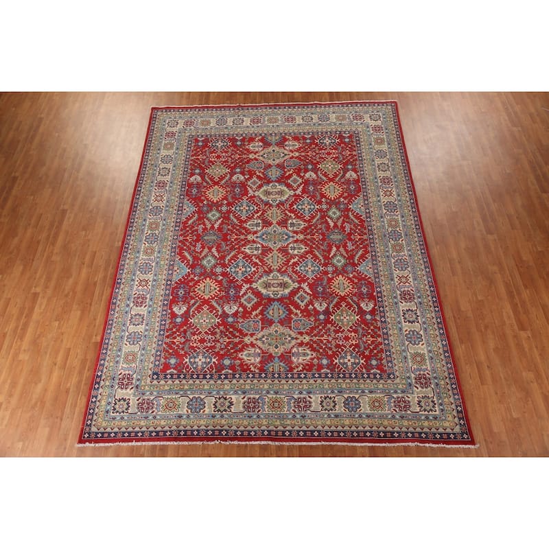 Traditional Red Geometric Kazak Oriental Area Rug Handmade Wool Carpet - 9'6"x 12'10"