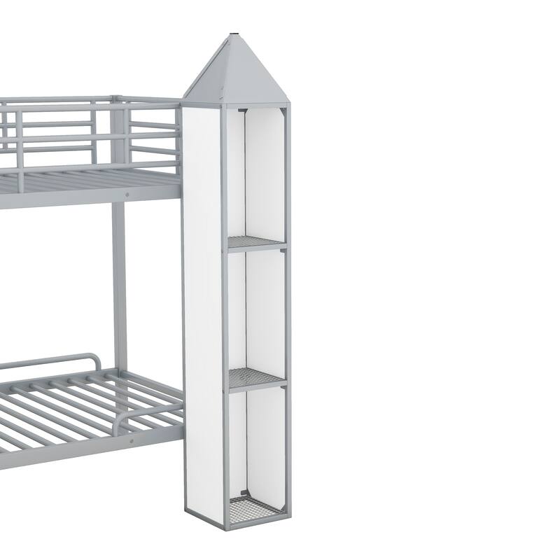 Twin Metal Castle Bunk Bed with Wardrobe, Staircase, and Cabinets