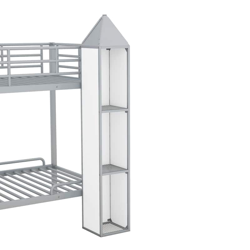 Twin Over Twin Size Bunk Bed w/Storage Shelves,Wardrobe,Metal Bedframe