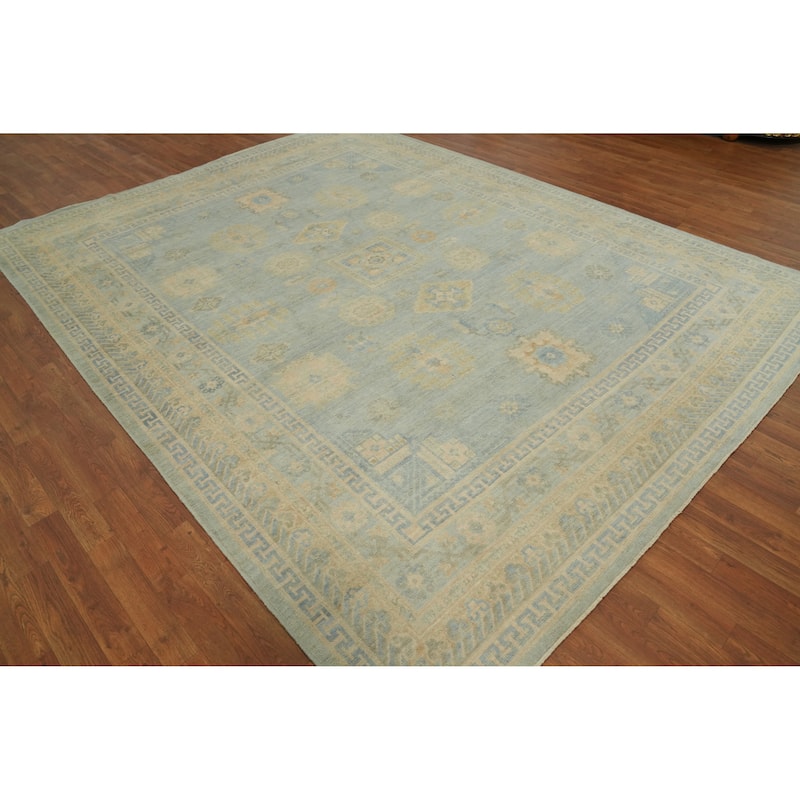 Vegetable Dye Blue Oushak Turkish Area Rug, Floral Geometric Carpet - 10' 7'' X 8' 1''