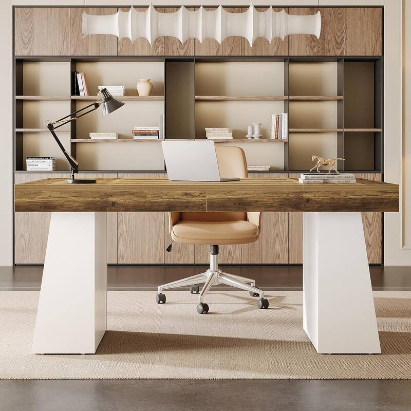 55 Inch Modern Executive Desk, Large Home Office Computer Writing Desk with Sturdy Pedestal (MDF)