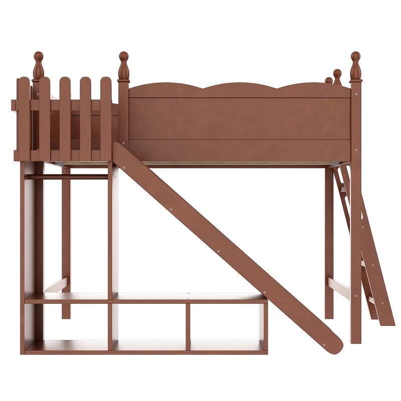 Full Loft Bed with Storage Shelves and Wardrobe, Solid Wood Loft Beds with Detachable Slide and Ladders, No Spring Box Needed