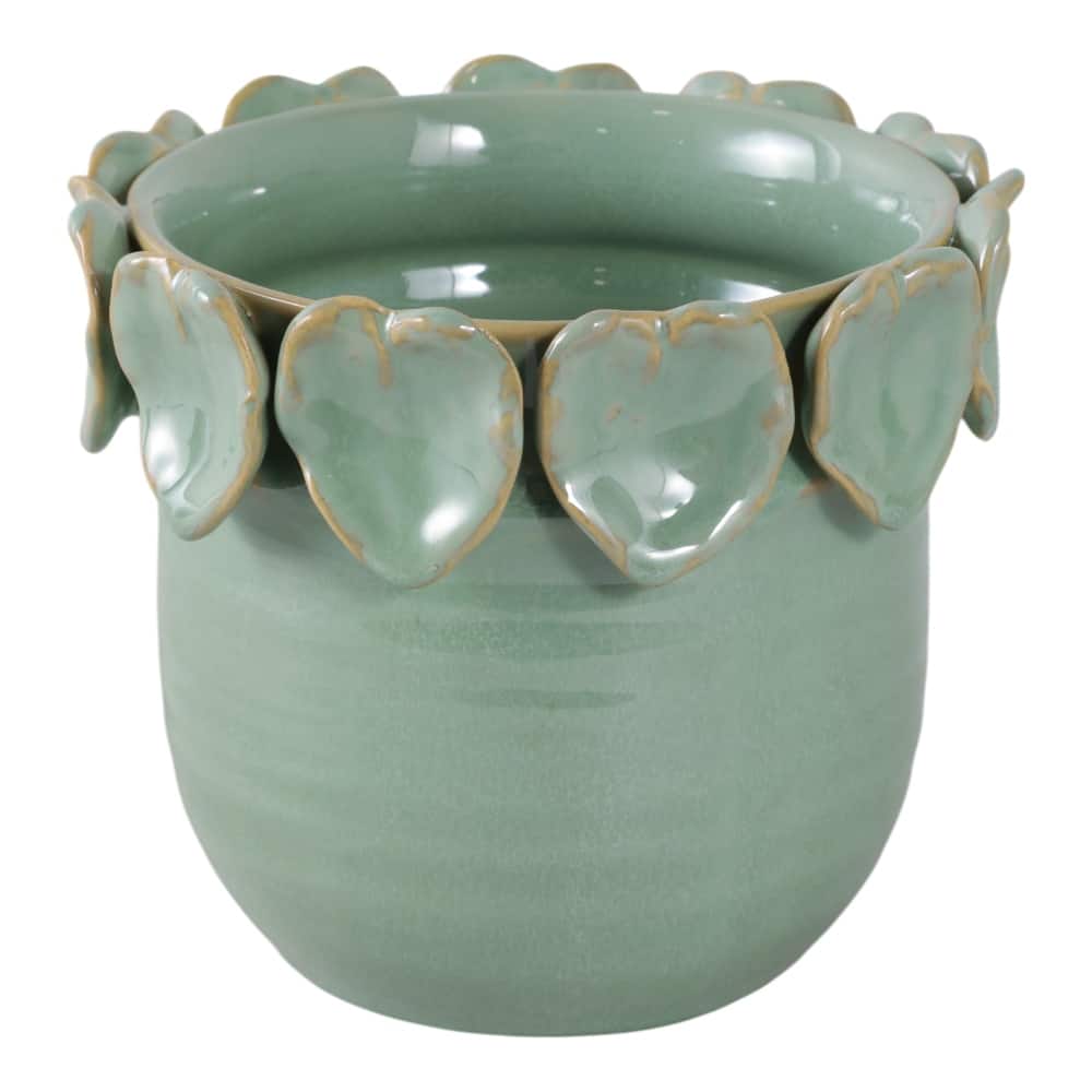 Stoneware Ceramic Planter Handcrafted Sculpted Leaf Embellishments