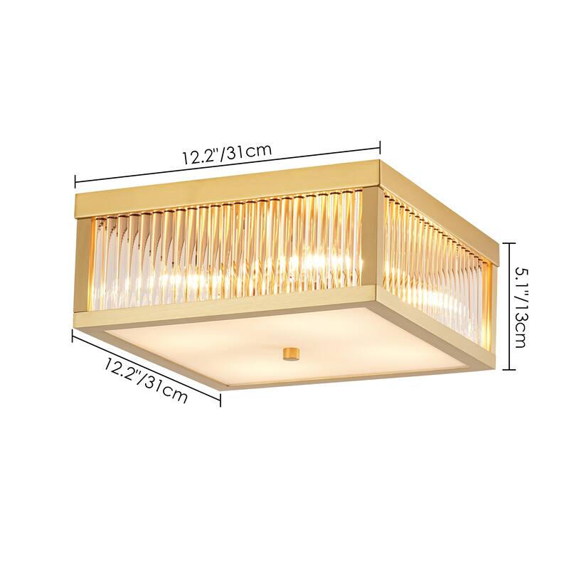12.2 in. 4-Light Industrial Black/Gold Square Flush Mount Ceiling Light with Clear Glass Rods