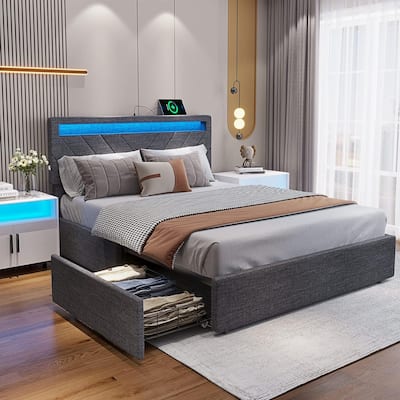 LED Bed Frame with Headboard 4 Drawer USB Charging Station