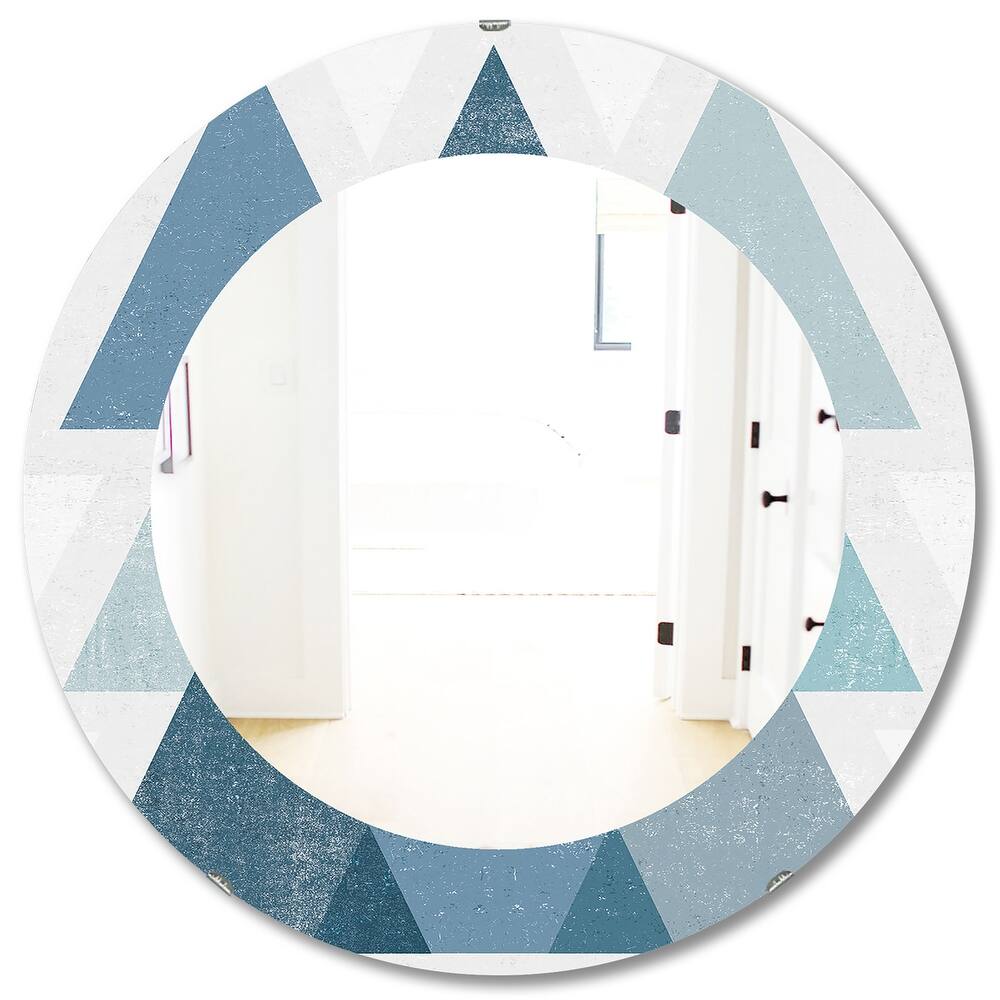 Designart 'Minimal Triangles IV Blue' Printed Mid-Century Oval or Round Wall Mirror - Blue