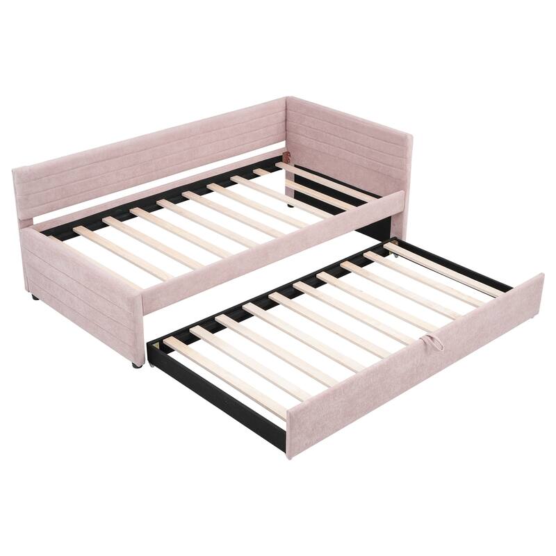 Twin Size Upholstered Daybed with Roll-Out Trundle, Space-Saving Wooden Frame, No Box Spring Needed