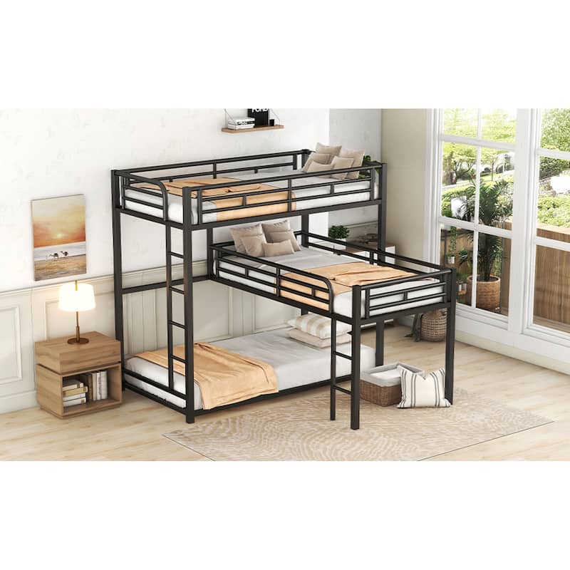 Roomfitters L-Shaped Metal Triple Twin Bunk Bed with Desk and Shelf, Black