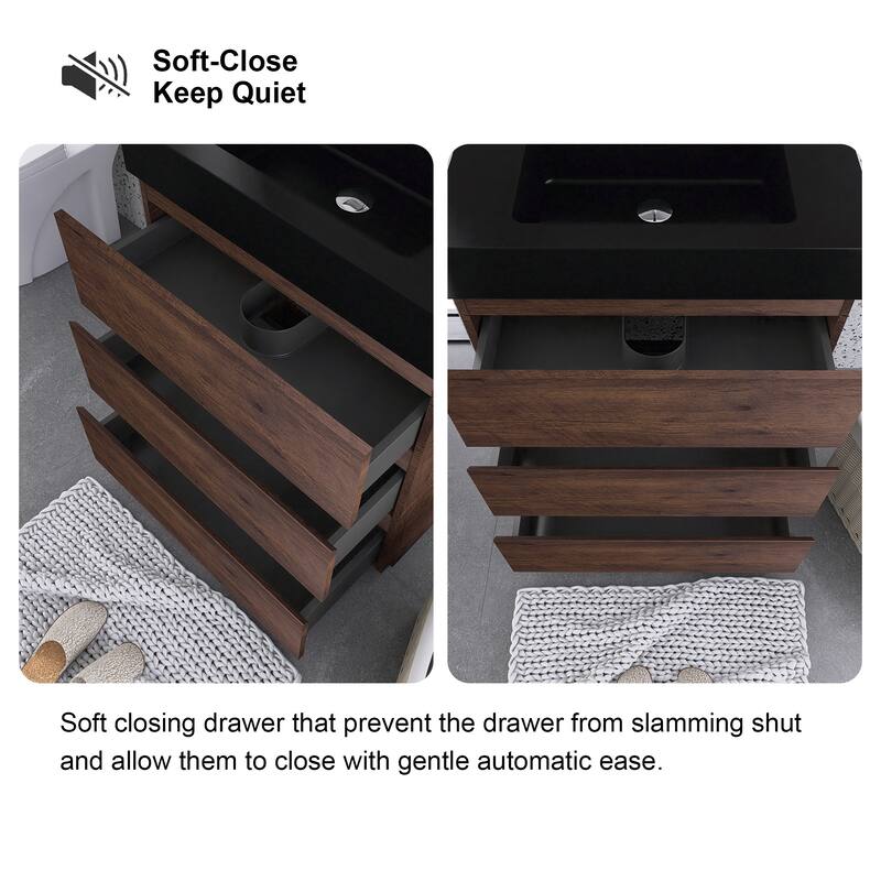 Freestanding Bathroom Vanity with Black Solid Surface Top