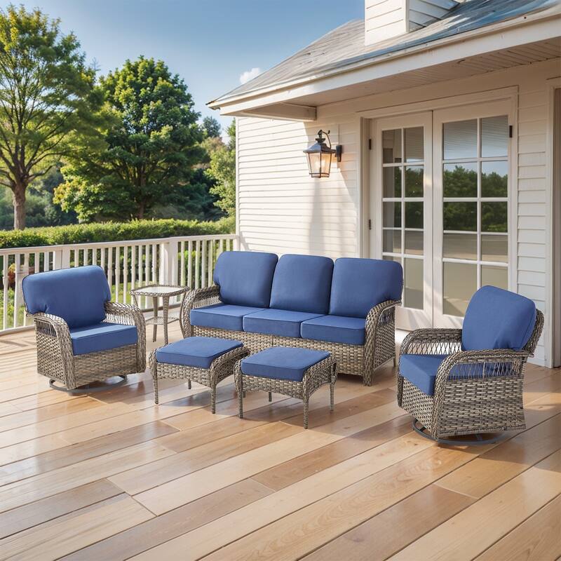 Pocassy Patio Outdoor Sofa Ottoman with Swivel Chair Table - Gray Wicker Blue Cushion - 5-Piece Sofa Swivel Chair Table with Ottoman