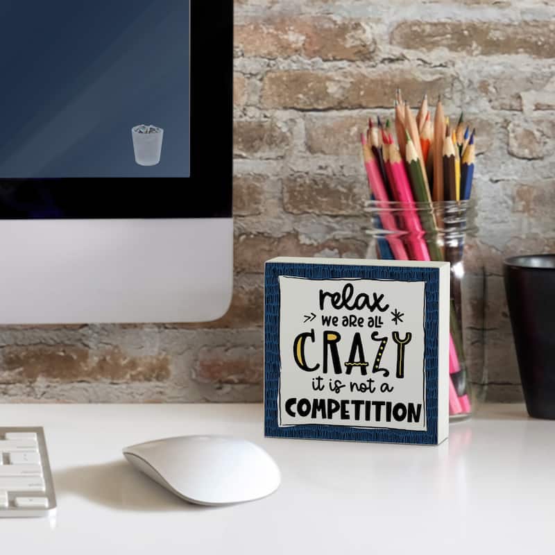Wood Block Décor Message We're All Crazy Sign, 3.75 inches Square, Made in The USA - Multi-54