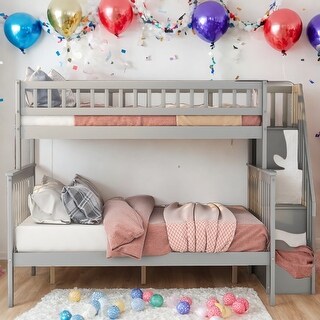 Twin over Full Stairway Bunk Bed with Storage, Include Two Sizes Bed, with Shelves on the Side, Assembly Required, Gray