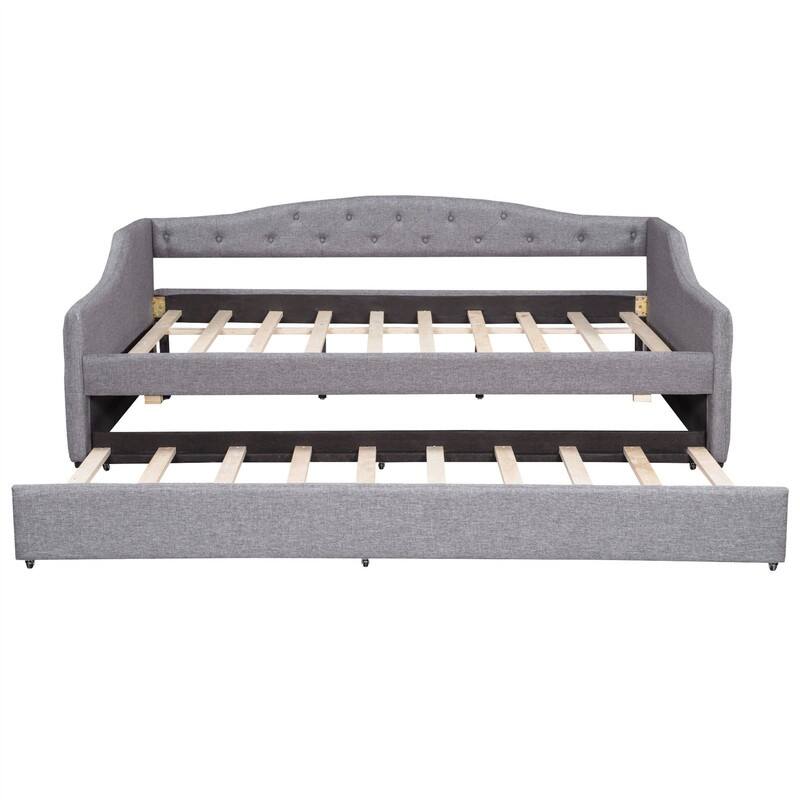 Full XL Size Daybed with LED Belt and Trundle, Upholstered Daybed Frame Sofa Bed with Button Tufted Design and Slats Support