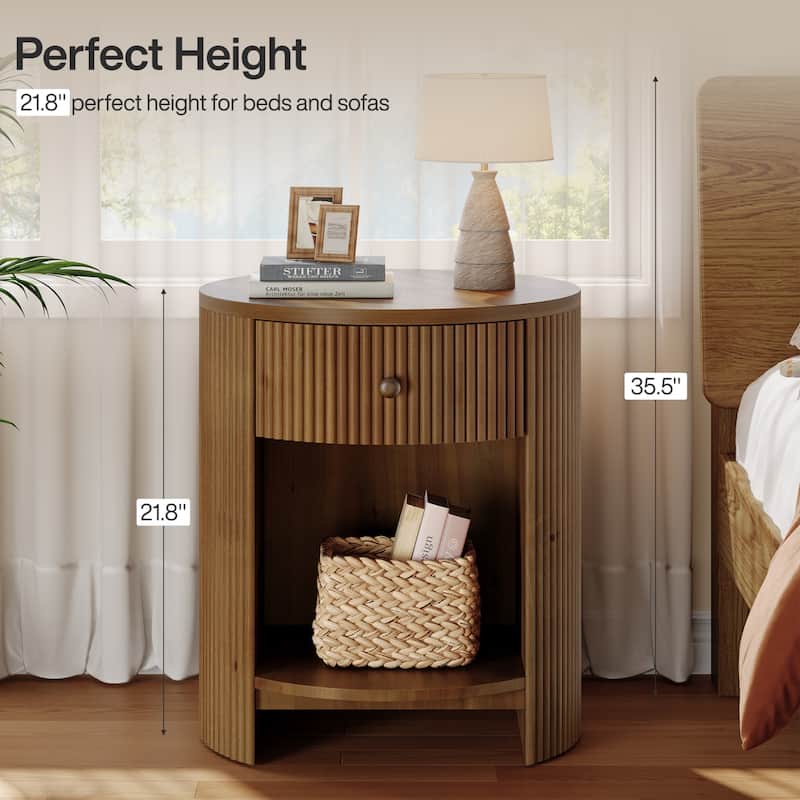 2-Tier Round End Table with Drawer, No Assembly Required, Wooden Beside Table, Circle Nightstand for Bedroom, Living Room