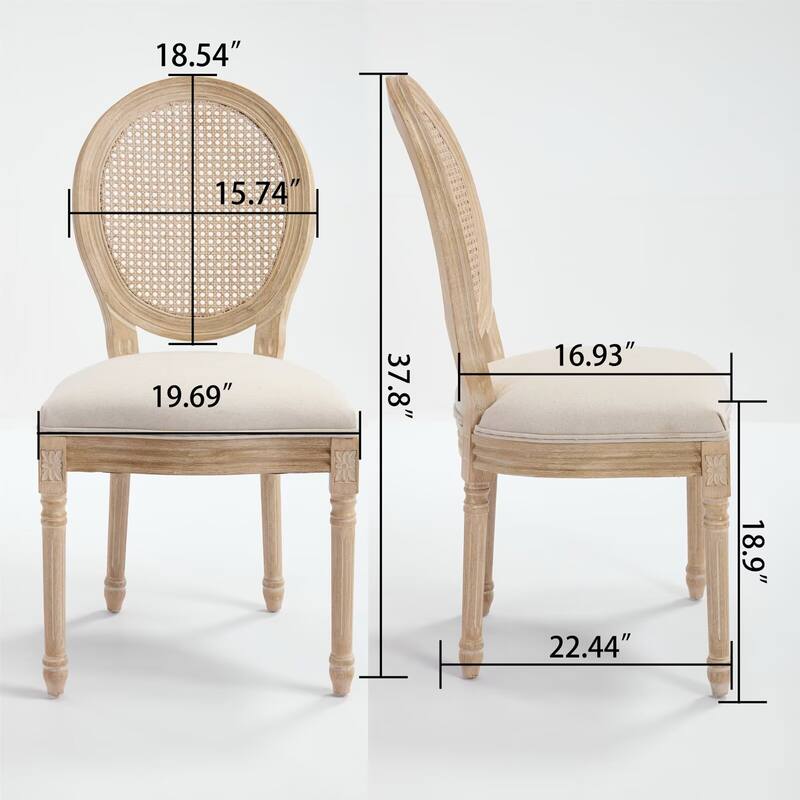French Style Solid Wood Frame Linen Fabric Rattan Back Dining Chair (Set of 2)