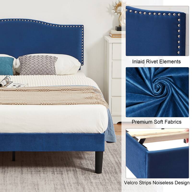 Javlergo Upholstered Platform Bed Frame with Adjustable Headboard, Strong Frame and Wooden Slats Support, Easy Assembly