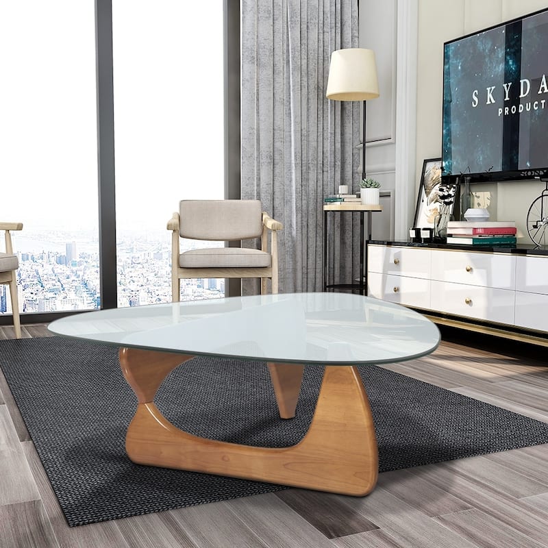 Triangle Glass Coffee Table with Solid Wood Base for Living Room - Walnut