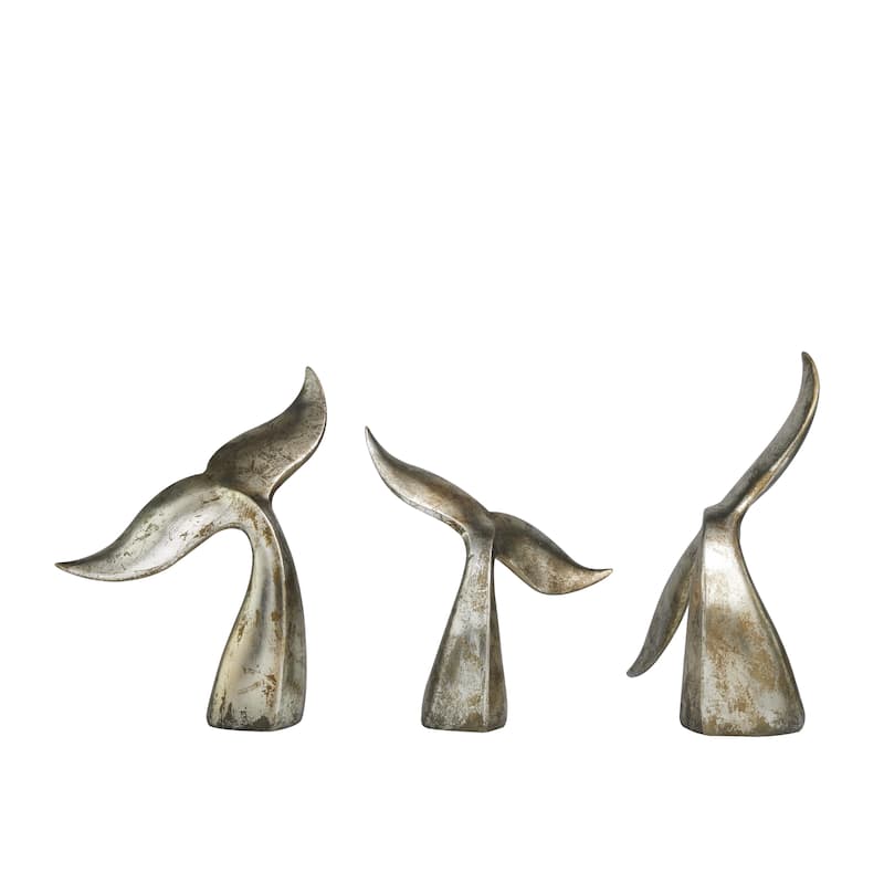Polystone Whale Decorative Sculpture with Various Sized Tails and Copper Distressing - Set of 3 Silver - Roche River Decor