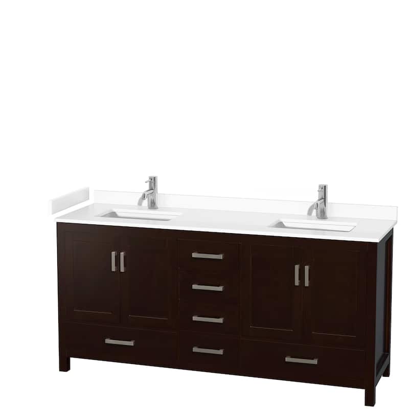 Sheffield Double Bathroom Vanity Set, Cultured Top, No Mirror - 72-Inch Double - Espresso, White Cultured Marble Top, Chrome Trim
