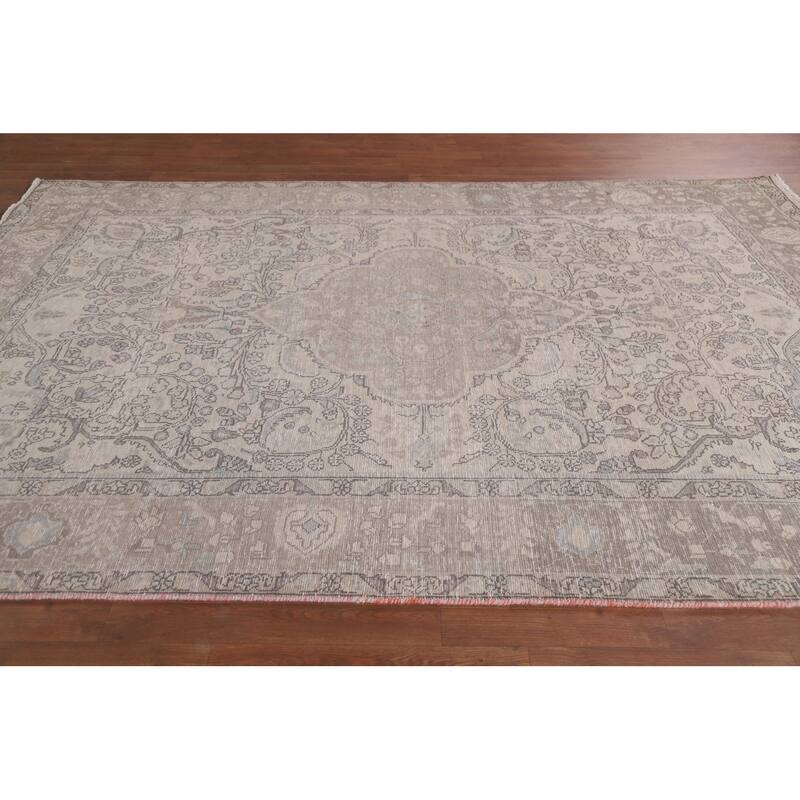 Hand Knotted Oriental 100% Wool Carpet Traditional Floral Beige & Ivories Tabriz Area Rug - 9' 3'' X 6' 4''